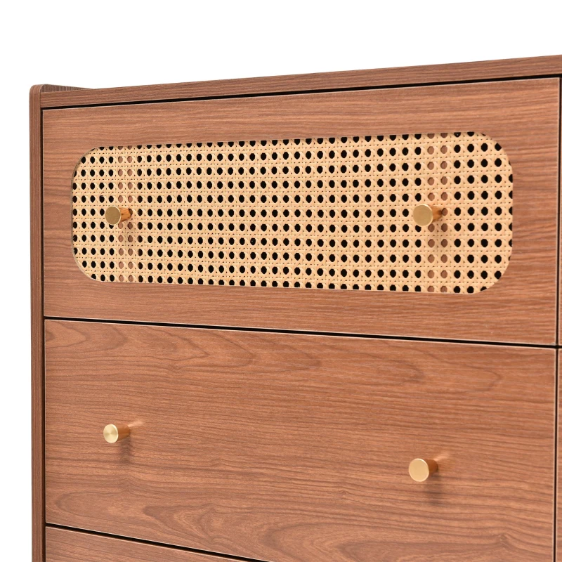Rattan Sideboard Cabinet with 2 Perforated Rattan-Front Drawers, Walnut 6-Drawer Dresser for Lounge or Dining Areas, 120L x 40W x 90H cm, Walnut