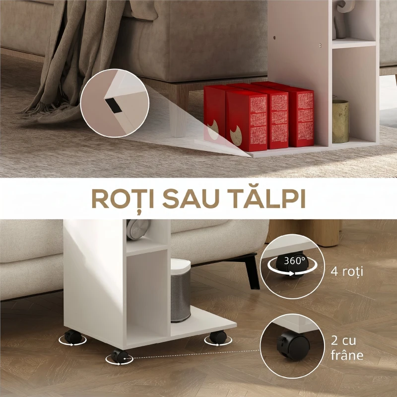 HOMCOM Masă de Cafea cu Roți și Raft Deschis în Formă de C, Albă