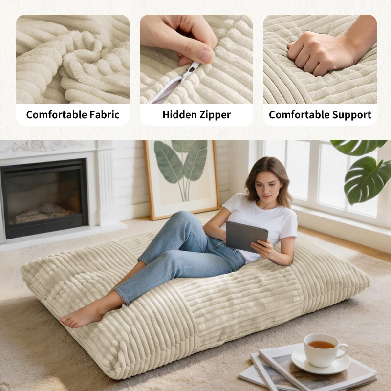 3-in-1 Convertible Bean Bag with Soft Ribbed Corduroy Cover, Memory Foam Floor Mattress Bed with Machine-Washable Cover, 180L x 125W cm, White