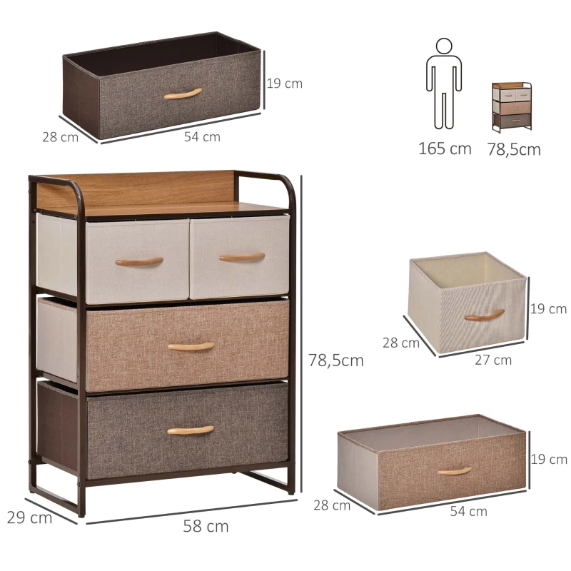 HOMCOM Kommode Schrank mit 4 Schubladen aus Leinen Aufbewahrungsschrank mit Metallrahmen für Schlafzimmer, Wohnzimmer