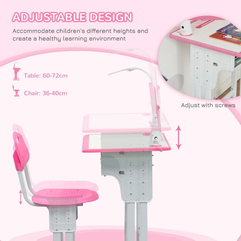 HOMCOM Kids Desk and Chair Set Adjustable Height Study Table Set with Drawer, Book Stand, Pen Slot - Pink