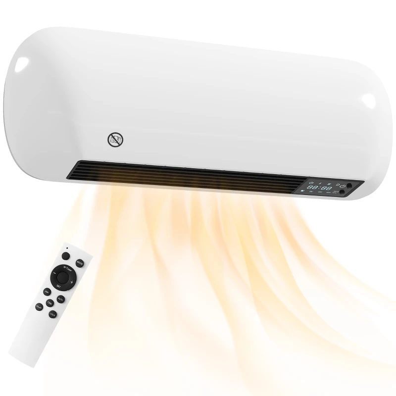 HOMCOM Wand Heizlüfter 2000W Keramik Wandheizgerät mit Ventilator, 2 Leistungsstufen, LED-Display, Thermostat, Weiß