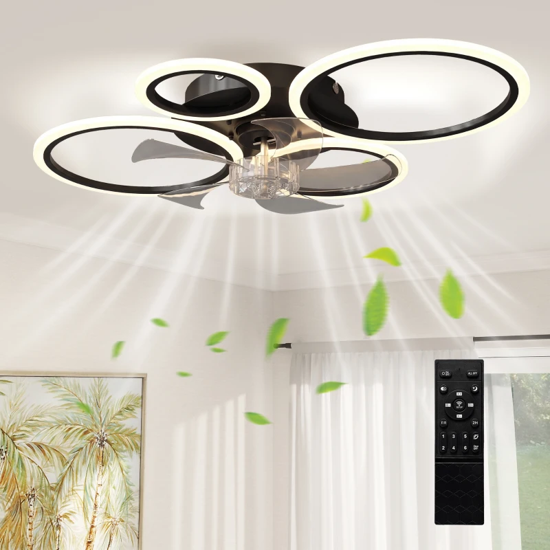 HOMCOM Ventilateur de plafond avec lumière et télécommande, plafonnier ventilateur 77 cm avec 6 vitesses, noir