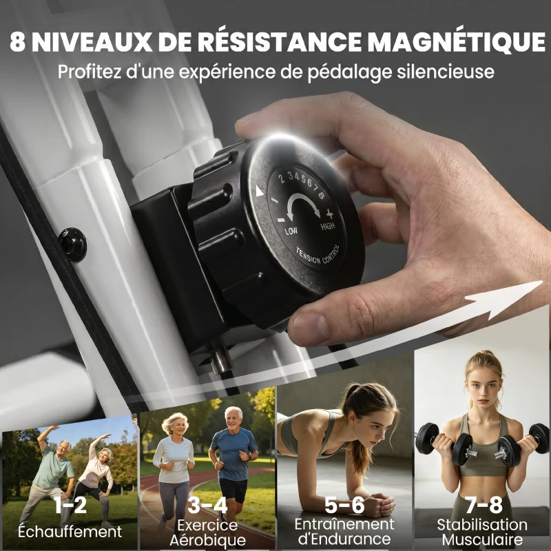 SPORTNOW Vélo d'Appartement Pliable Vélo de Fitness 3 en 1 Silencieux Connecté Kinomap Bluetooth et Zwift 105x53,5x109cm Blanc