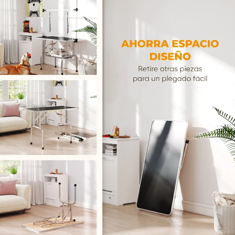 PawHut Mesa de Peluquería para Mascotas Mesa de Aseo Plegable con Estante de Almacenamiento Altura Ajustable 20-80 cm 107x60x170 cm Negro