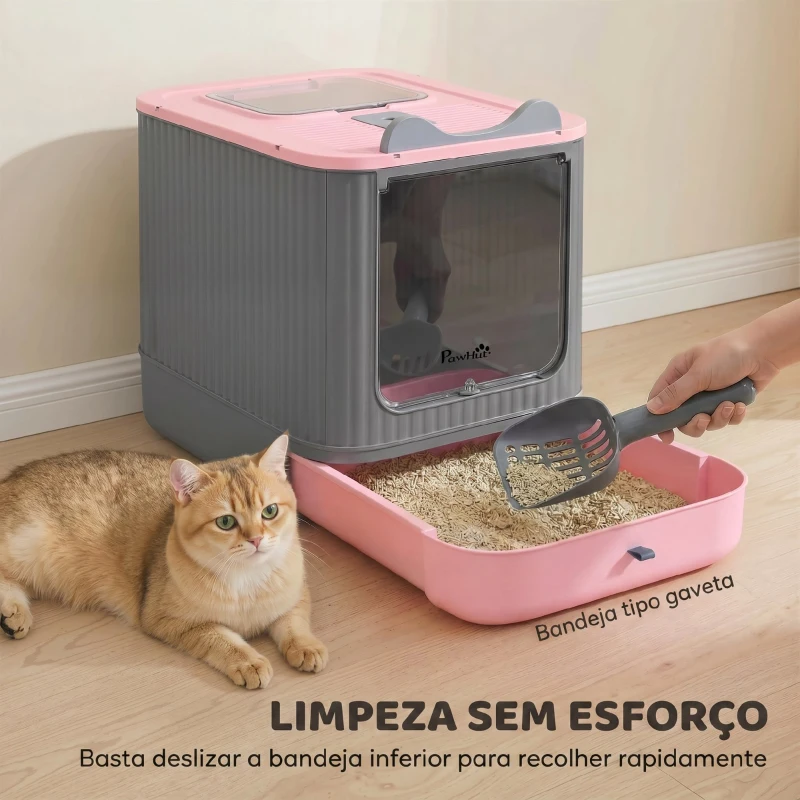 PawHut Caixa de Areia Fechada para Gatos M com Tampa, Saída Superior, Pá, Filtros Desodorizantes, Fácil de Limpar, Rosa