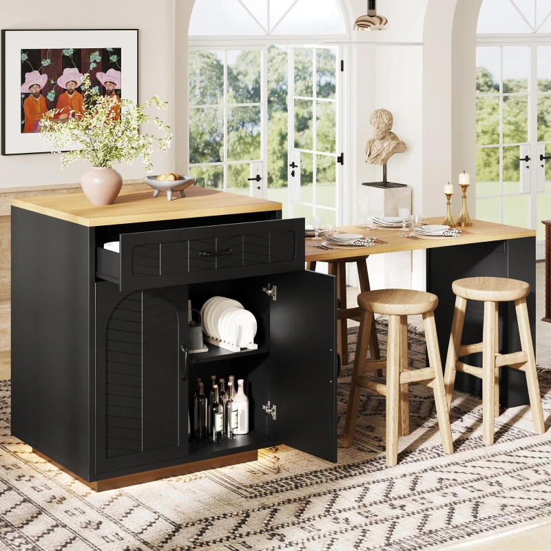 Extendable Kitchen Island with Dining Table, Multifunctional Storage Cabinet with Wine Rack and LED Base Light, 141L x 70W x 101.5H cm, Black