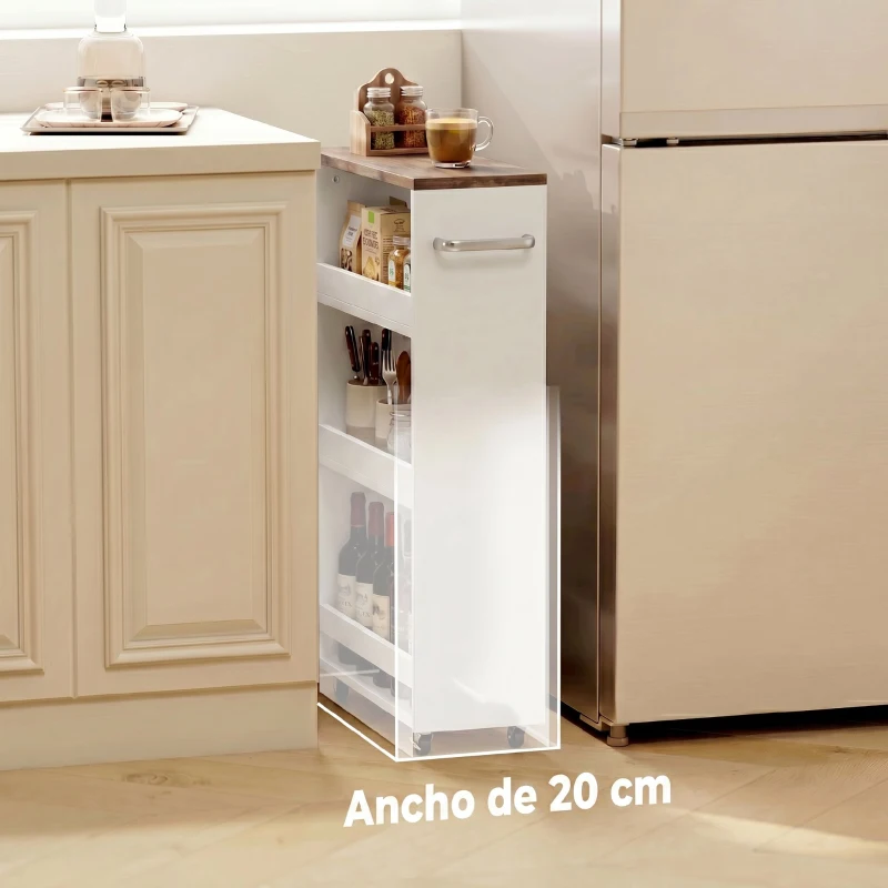 HOMCOM Carrito de Cocina Estrecho de 3 Niveles con Ruedas para Espacios Reducidos Comedor o Salón Blanco