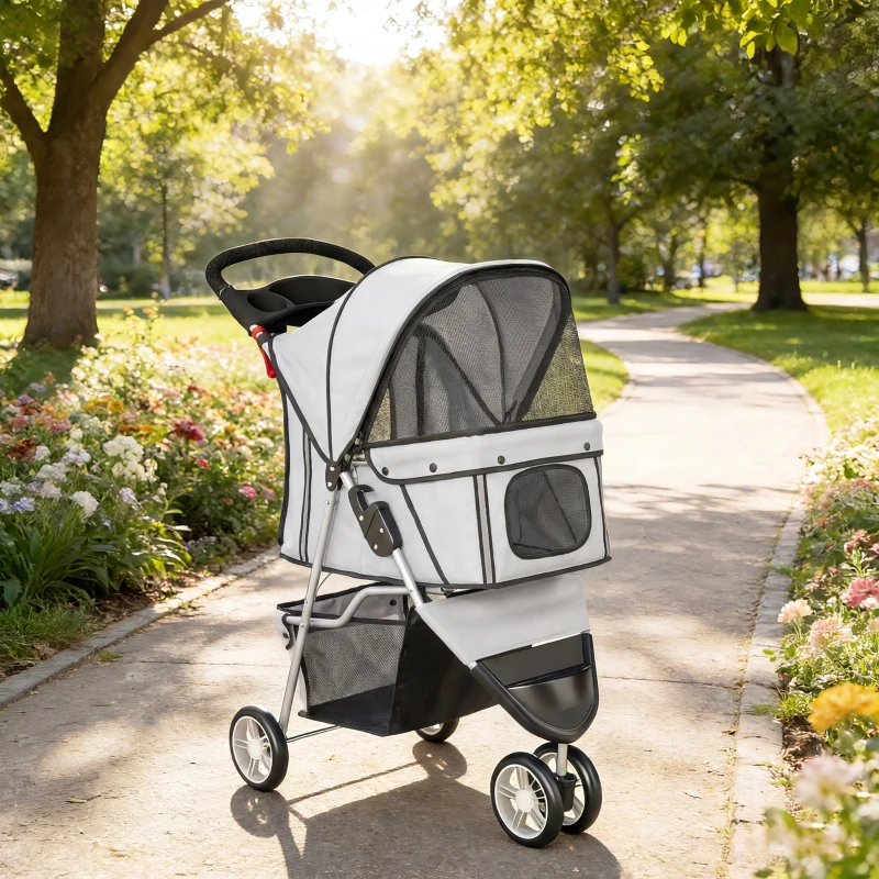 PawHut Hondenwagen Opvouwbaar Hondenbuggy met Opbergmand, Kussen, Gaasvensters, Bekerhouder voor Kleine Honden tot 10kg, Grijs