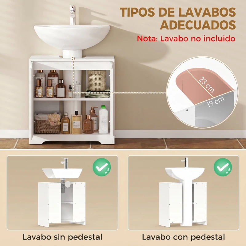 HOMCOM Mueble Bajo Lavabo con Puertas de Cierre Suave y Diseño Acanalado 2 Estantes para Lavabo con o sin Pedestal Blanco