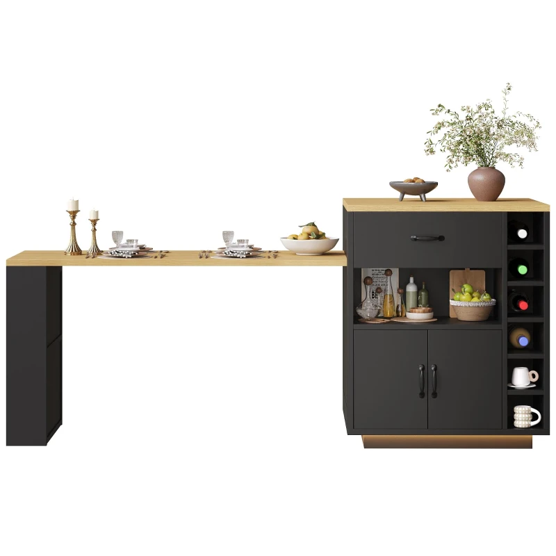 Extendable Kitchen Island with Dining Table, Multifunctional Storage Cabinet with Wine Rack and LED Base Light, 141L x 70W x 101.5H cm, Black