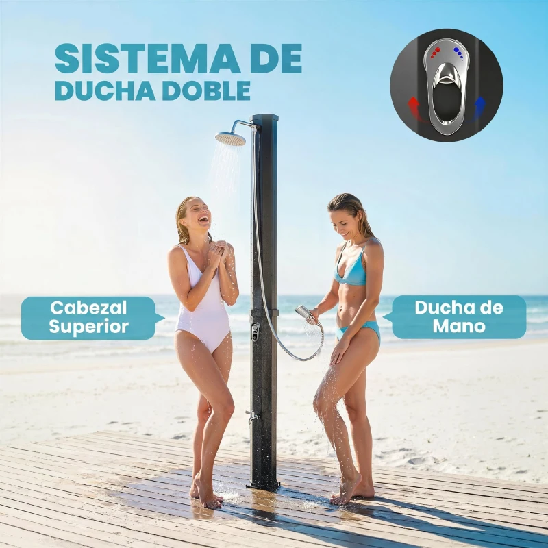 Outsunny Ducha Solar Jardín 60L con Cabezal Ducha de Mano Grifo para Pies y Temperatura Ajustable Máx. 60 °C para Piscina Negro