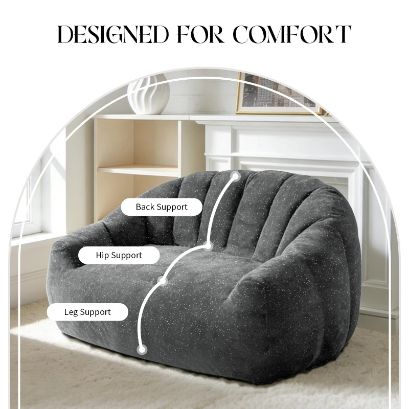 Oversized 2 Seater Bean Bag Sofa with High-Density Sponge, Glitter Plush Floor Couch with for Bedroom or Living Room, 140L x 98W x 61H cm, Gray
