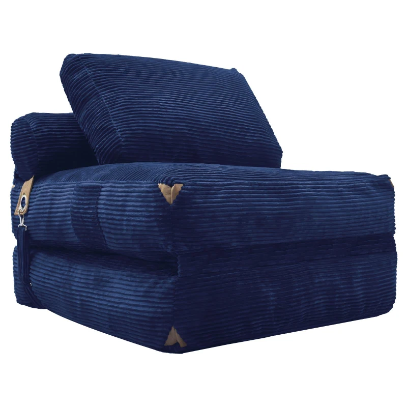 3-in-1 Convertible Corduroy Floor Sofa Bed with Side Pockets, Oversized Chaise Lounge for Bedrooms or Student Dorms, 87L x 86W x 40H cm, Blue