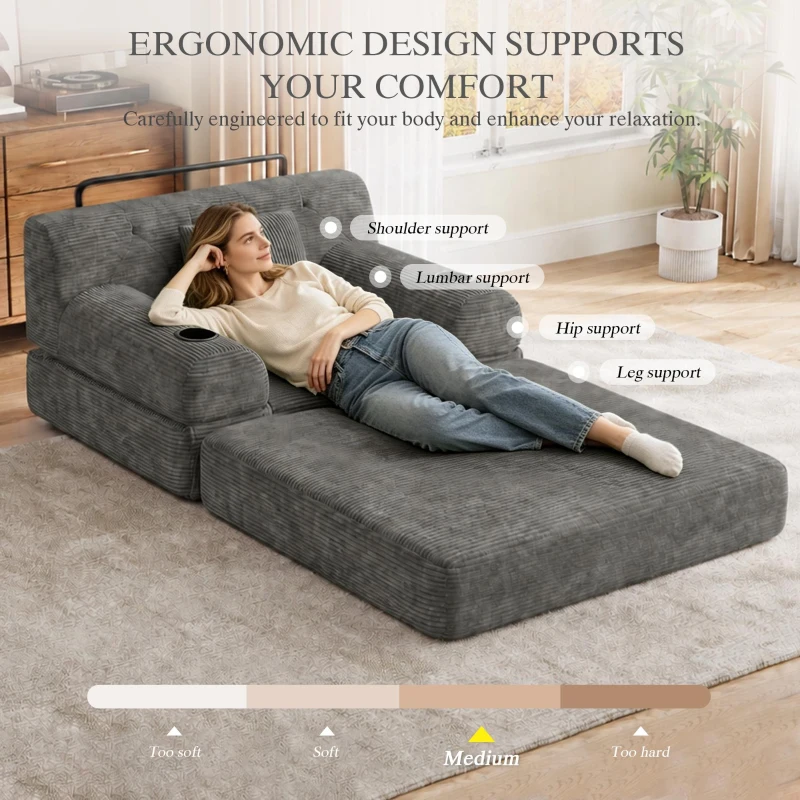 1-Seater Sleeper Sofa with Metal Frame and High-Density Foam, Convertible Chair Bed for Living Rooms or Home Offices, 107L x 80W x 81H cm, Dark Gray