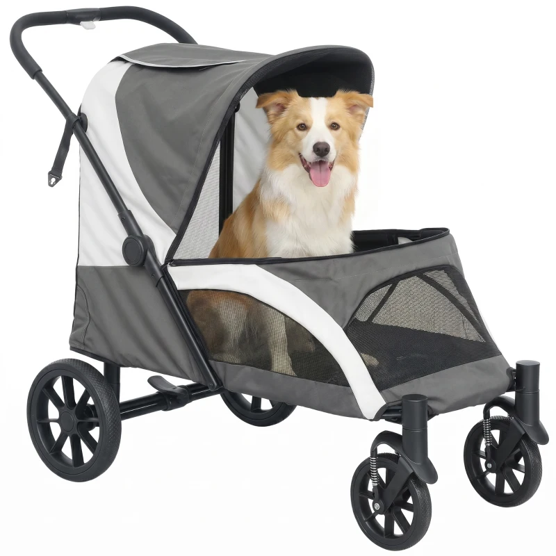 PawHut Hundewagen, Faltbarer Hundebuggy für mittelgroße Hunde, Haustierwagen mit 4 Rädern, Sicherheitsleinen Bremsen Dunkelgrau(m-12)