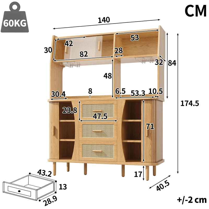 Adjustable-Feet Dining Room Cupboard with Wine Glass Holders, High-quality Sideboard with for Kitchen or Hallways, 140L x 40.5W x 174.5H cm, Wood