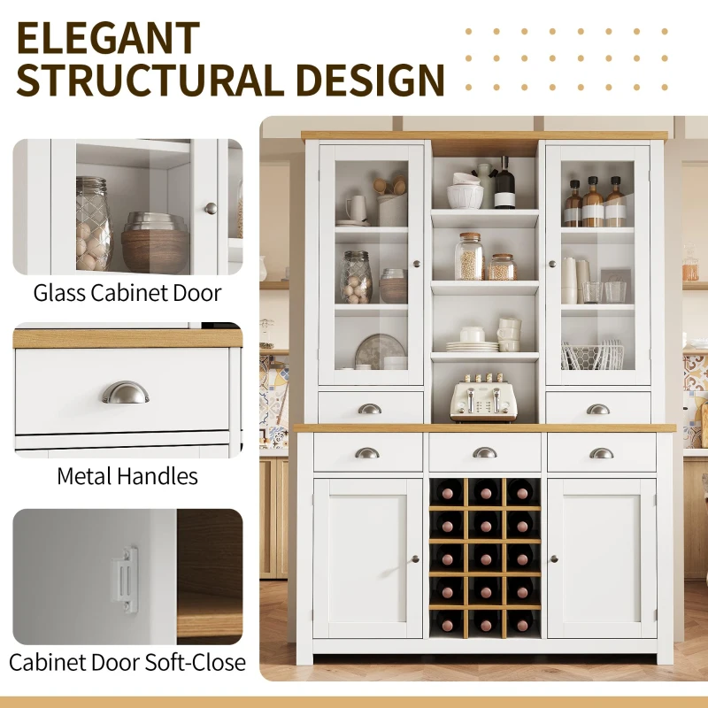 Kitchen Pantry Cabinet with Wine Rack and Adjustable Shelves, Glass-Door Buffet Sideboard with 5 Deep Drawers, 120L x 40W x 185H cm, White