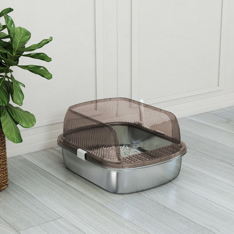 PawHut Katzenklo Edelstahl, Katzentoilette mit hohem Rand, Wanne, inklusive Schaufel, für große Katzen, 53x42x27cm, Kohlegrau