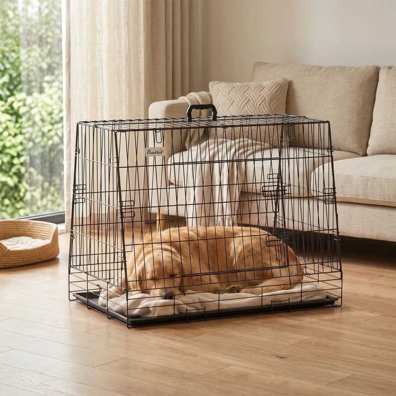 PawHut 35"(90 cm) Car Dog Crate Medium Large Collapsible Slanted Travel Dog Cage with Tray for Car Boot