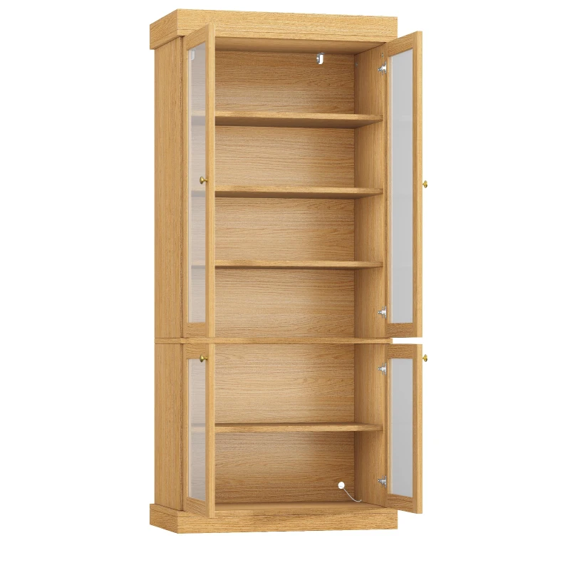Modern Freestanding Display Cabinet with Height-Adjustable Shelves, LED Lighted Tall Showcase for Industrial Interiors, 80L x 40W x 180H cm, Natural