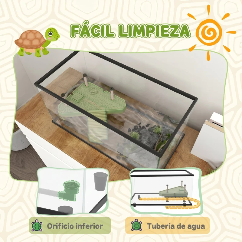 PawHut Acuario para Tortugas 50L Terrario de Tortugas Pequeñas con Plataforma Rampa 60x30x32 cm Transparente
