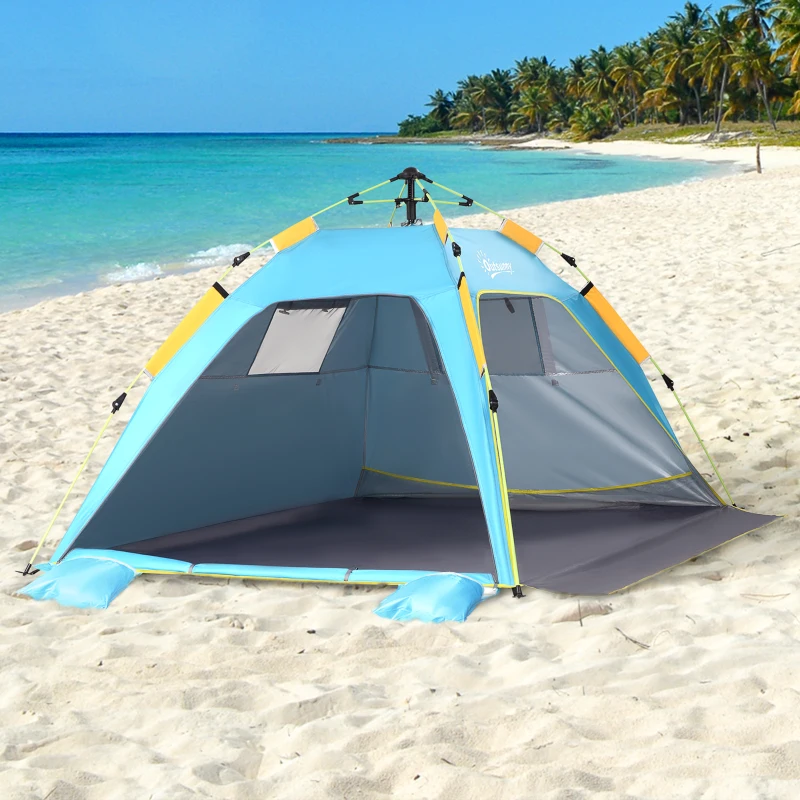 Outsunny Carpa de Playa Pop-up para 1-2 Personas con 2 Accesos y 2 Ventanas y Bolsa de Transporte 220x173x120 cm Azul Claro