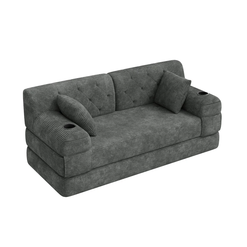 Corduroy Convertible Sofa Bed with Metal Frame and High-Density Foam, 2-Seater Sleeper Sofa with High Backrest, 168L x 80W x 81H cm, Dark Gray