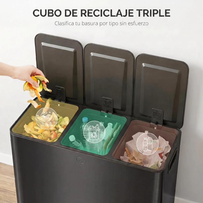 HOMCOM Papelera Cocina de Acero Inoxidable con 3 Compartimentos 3x15L con Pedales Tapas de Cierre Suave y Cubo Extraíble Negro
