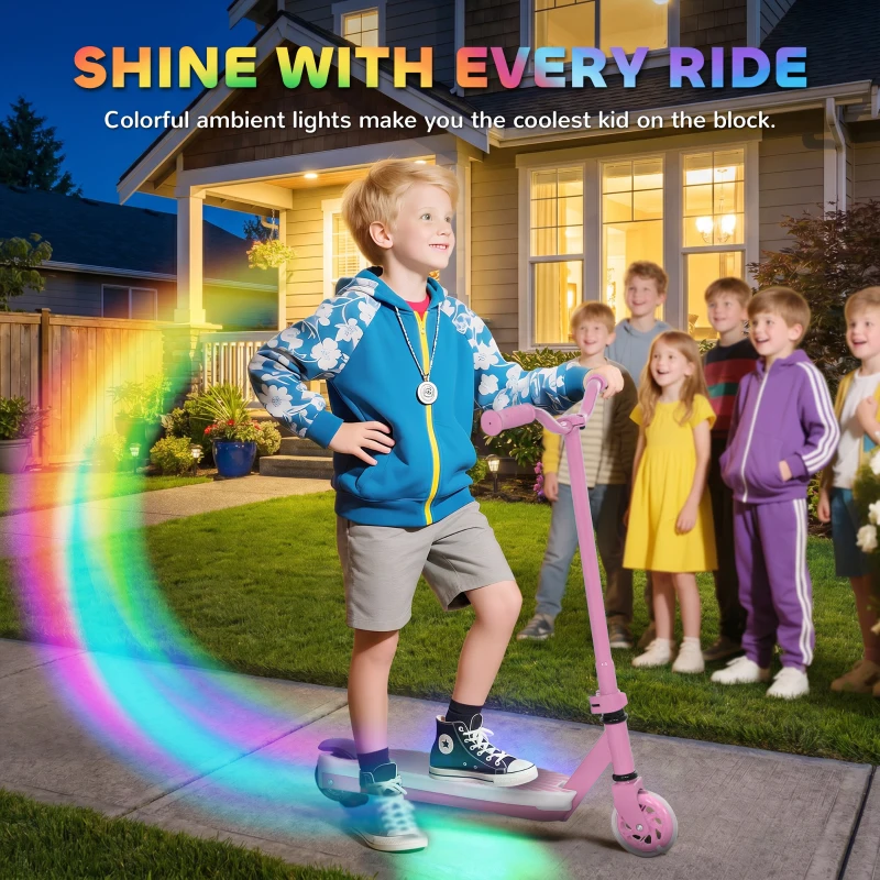 AIYAPLAY Electric Scooter for Kids Aged 4-7 Years, with Flashing LED Lights, Rear Auxiliary Wheels, Pink