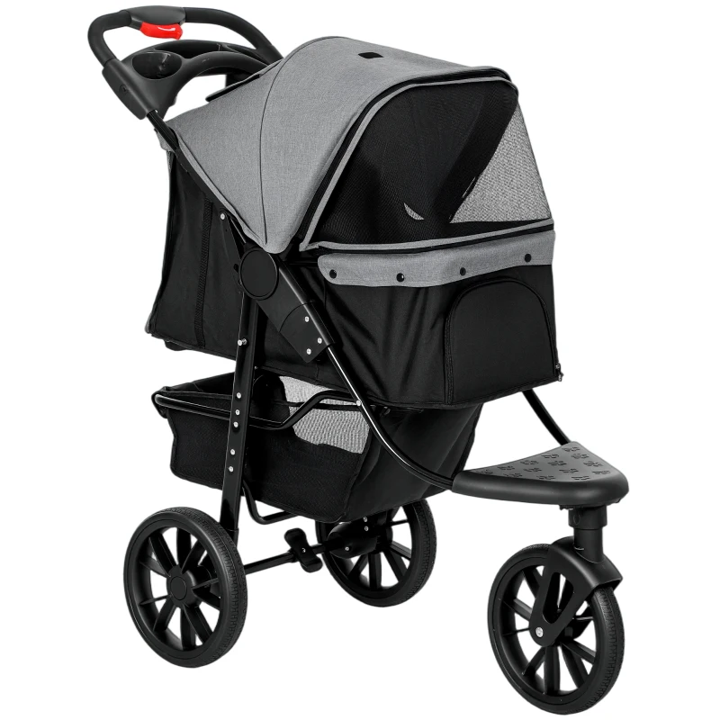 PawHut Carrito para Perros con 3 Ruedas Ventanas de Malla Cesta de Almacenaje y Correas de Seguridad 109,5x57,5x106,5 cm Gris