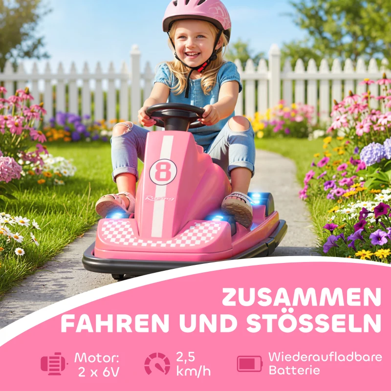 AIYAPLAY Autoscooter für Kinder, um 360 Grad drehbar, Lenkrad, LED-Lichter, Musikfunktion, 3-8 Jahre, Rosa