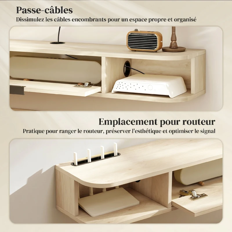 HOMCOM Meuble TV suspendu, meuble télé pour téléviseur jusqu'à 50 pouces, tiroir rabattable 2 étagères 120x24x16cm bois naturel