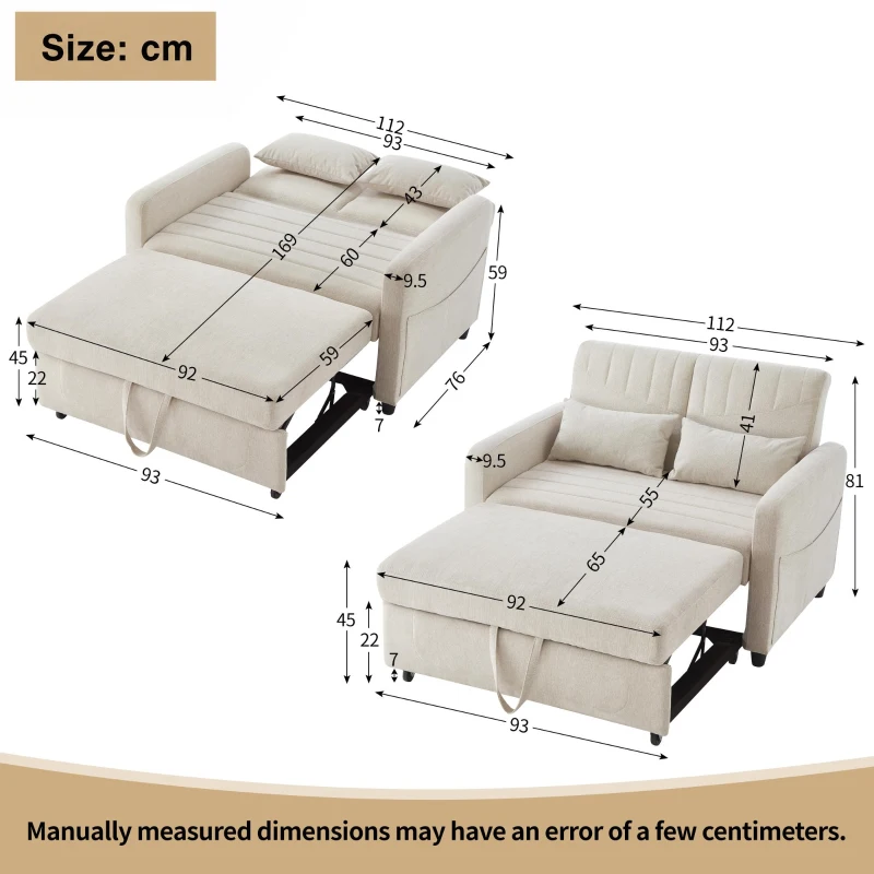 Adjustable Sofa Bed with 3-Level Backrest, Comfortable Couch for Small Apartments, Living Rooms, or Bedrooms, 112L x 169W x 59H cm, Beige