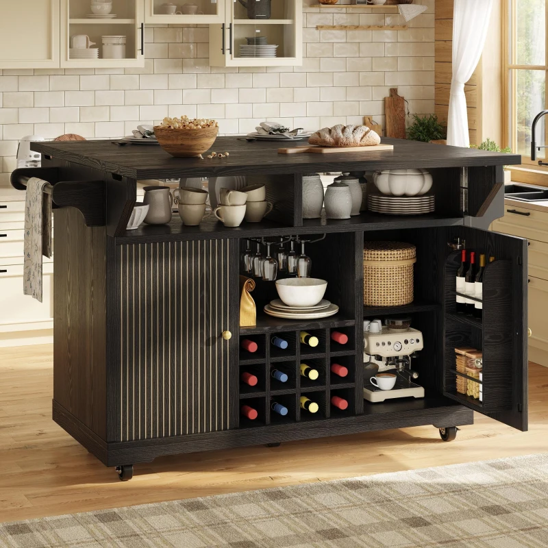 Foldable Serving Trolley with Ample Storage and Snack Racks, Mobile Kitchen Island for Balconies or Dining Room, 142.5L x 40W x 95H cm, Black