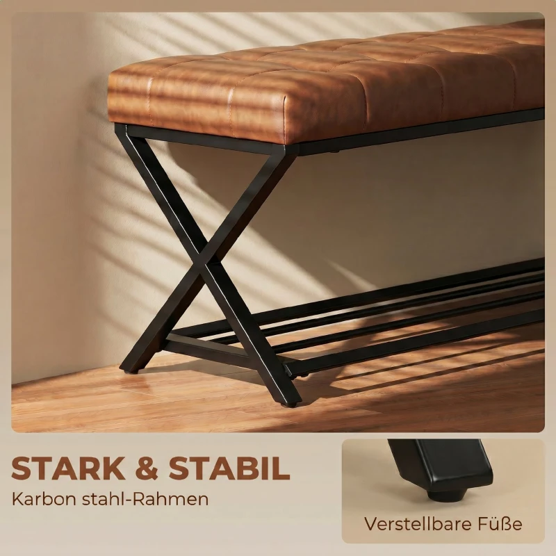 HOMCOM Schuhbank, Eingangsbank mit Kunstlederpolster, Ablage bis 220 kg für Flur, Eingangsbereich, 112 x 37 x 47 cm, Braun