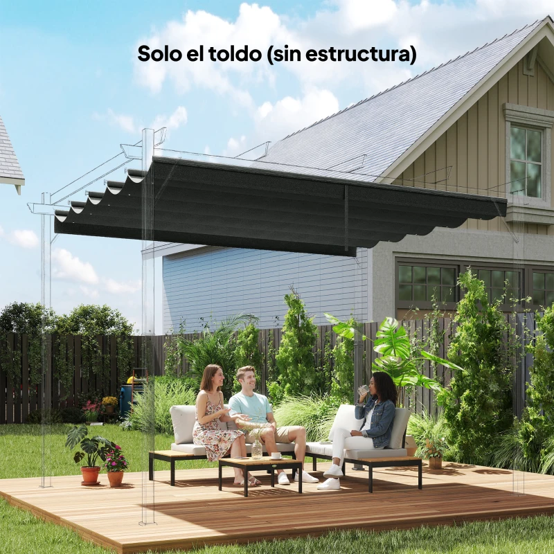 Outsunny Cubierta para Techo Retráctil de 2,5x2,55m para Pérgola 3x3 Tela de Repuesto con 10 Orificios de Drenaje Gris Oscuro