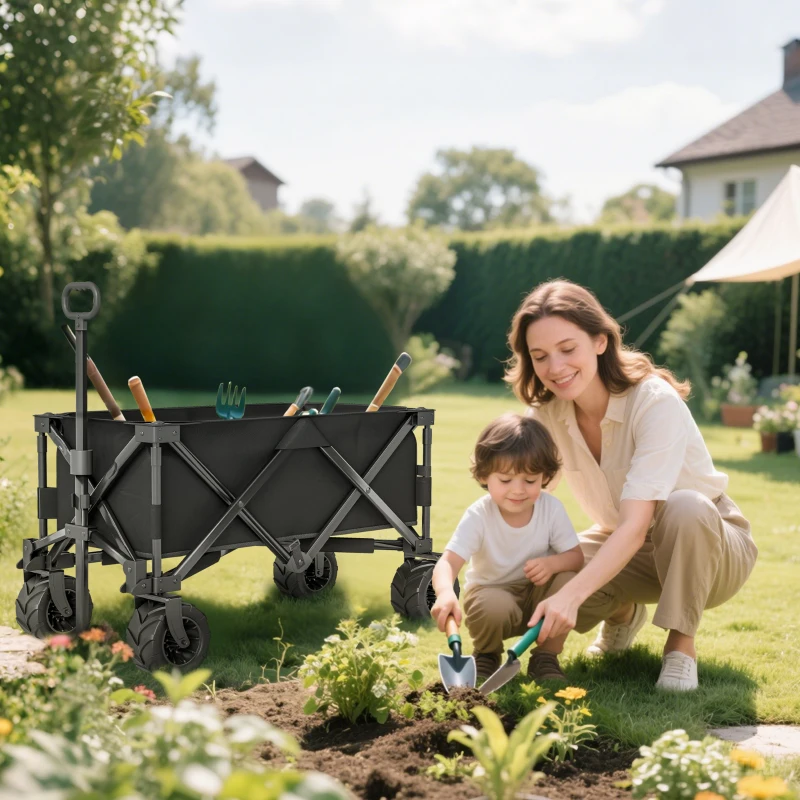 Outsunny Carucior plaja pliabil cu roti fata pivotante 360° si maner telescopic 108x55x55 cm negru