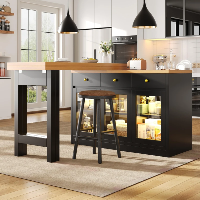 Extendable Kitchen Island with LED Lighting and Glass Cabinets, Space-Saving Dining Cart for Cosy Flats, 120L x 40W x 75.5H cm, Black