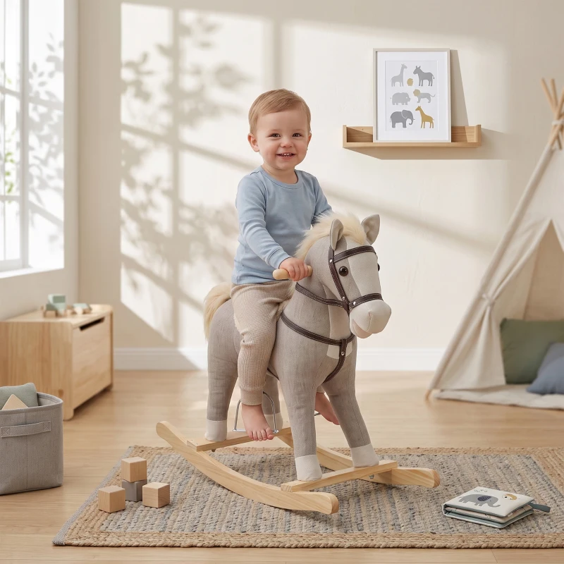 AIYAPLAY Schaukelpferd mit Sound und Sicherheitsgriffen, Reitpferd mit Holzgestell für Kleinkinder von 12–36 Monaten, Grau