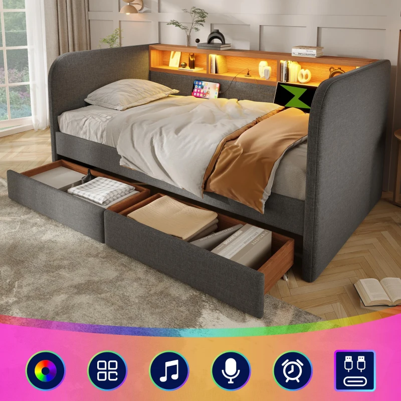 Upholstered Daybed with Integrated USB & Type‑C Charging, Storage Headboard Single Bed for Contemporary Bedrooms, 197.5L x 107W x 70H cm, Grey