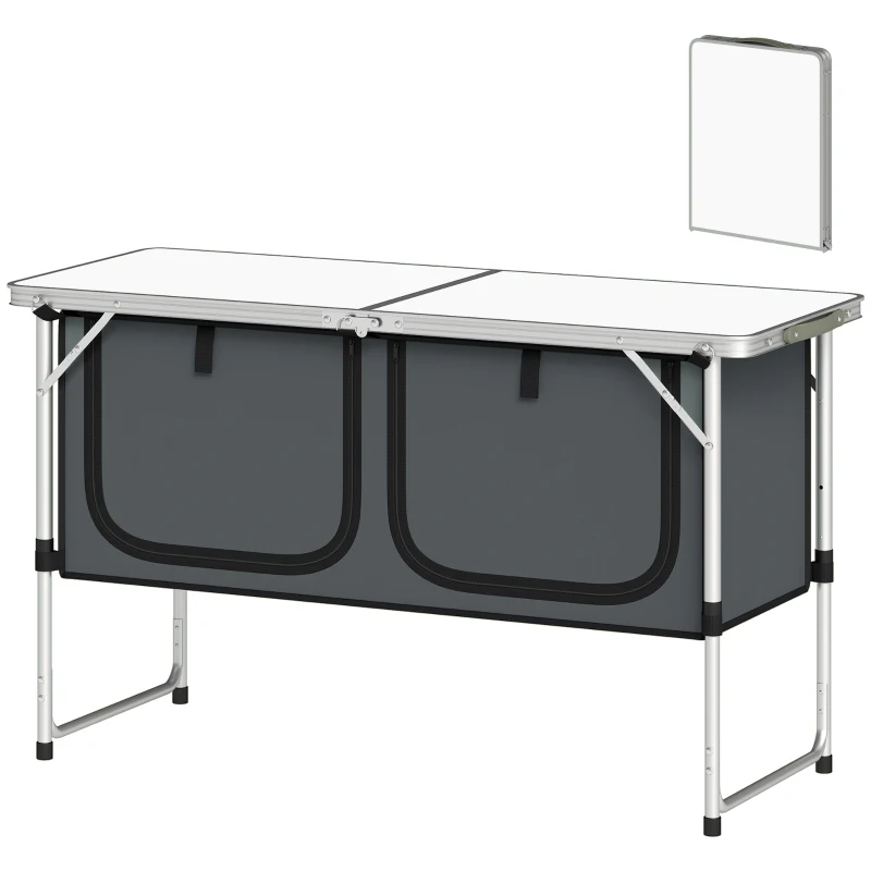 Outsunny Mesa de Cocina de Camping Plegable con Armario de Tela Oxford Marco de Aluminio para Picnic 120x47x70 cm Plateado