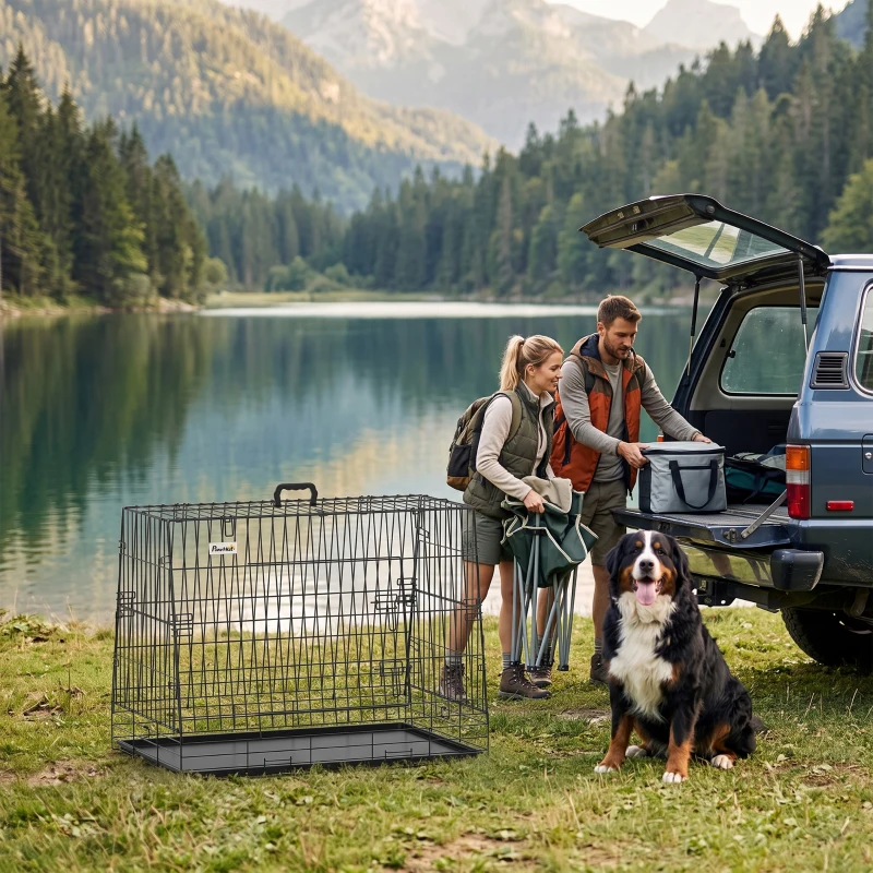 PawHut 35"(90 cm) Car Dog Crate Medium Large Collapsible Slanted Travel Dog Cage with Tray for Car Boot