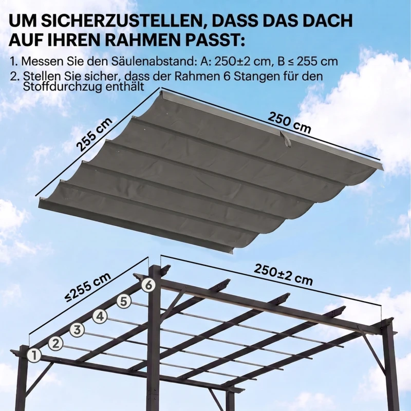Outsunny Ersatzdach für 3 x 3 m Pergola, einziehbar, mit Regenabflusslöchern, wetterfest, Polyester, 250 x 255 cm Hellgrau