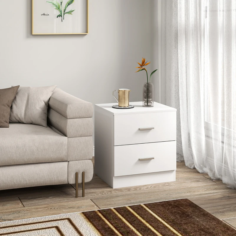 HOMCOM Mesilla de Noche con 2 Cajones Mesita Auxiliar para Salón Dormitorio Carga 30 kg 45x39,5x49 cm Blanco