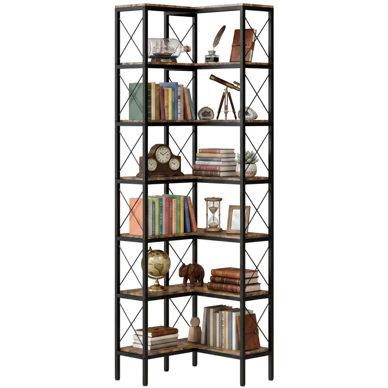 HOMCOM 6-stufiges L-förmiges Bücherregal, freistehendes Eckregal mit Metallrahmen, rustikal braun, 60 x 60 x 200 cm