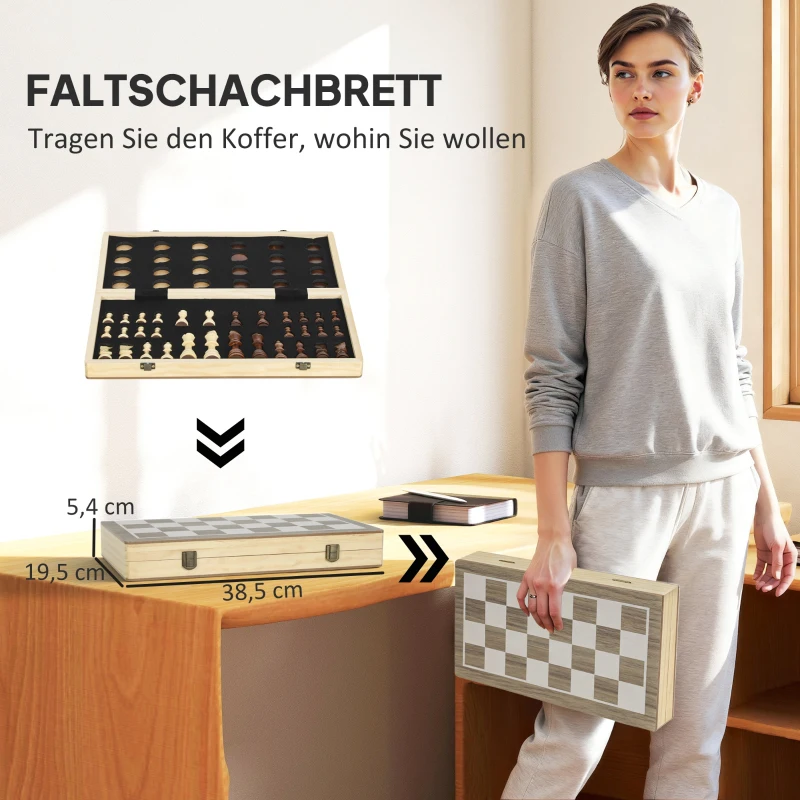 SPORTNOW Faltbares Spiele-Set, Schach und Dame, kompakter Koffer, Walnuss, Zubehör