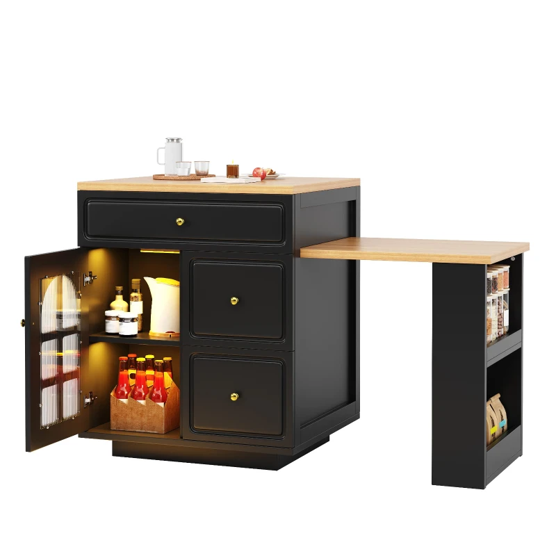 Extendable Bar Table with Arched Tempered Glass Doors, Space-Saving Dining Table for Kitchen or Living Space, 195.5L x 70W x 93.5H cm, Black