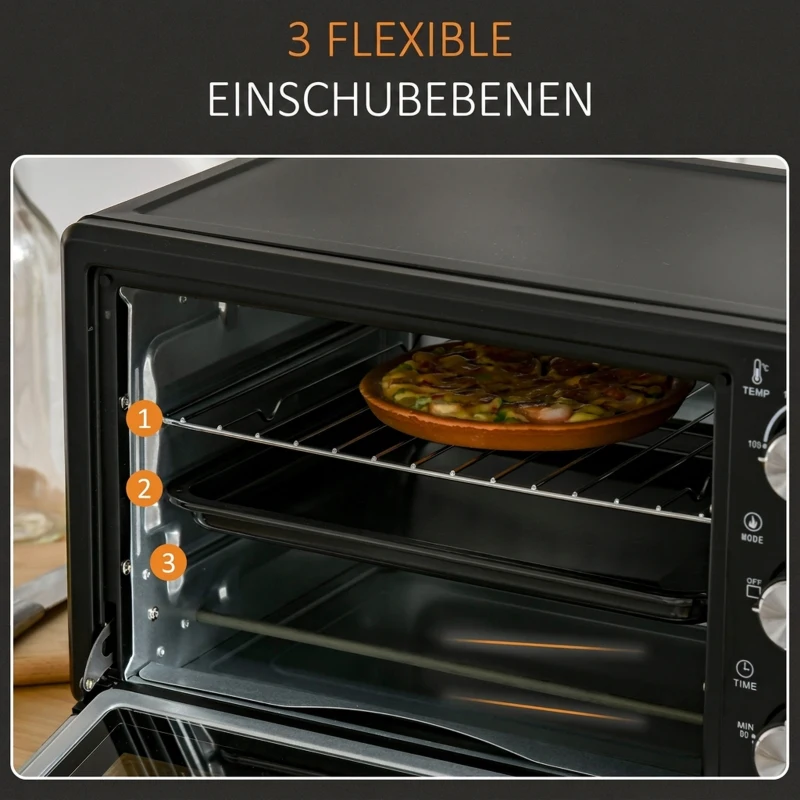 HOMCOM Minibackofen, 21 L Toasterofen mit 1 Drahtgestell und 1 Backblech, 3 Kochmodi, 100 °C-230 °C, Edelstahl, Glas, Schwarz