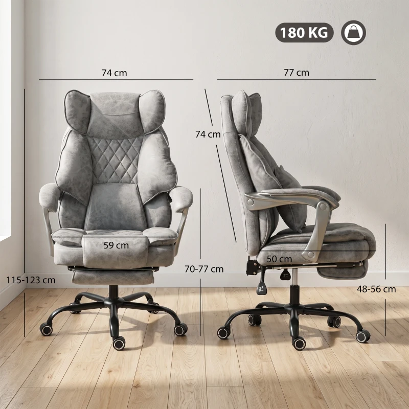 HOMCOM Executive Office Chair, Leathaire Big and Tall Office Chair 180 kg with Wide Seat, Reclining, Lumbar Support, Grey